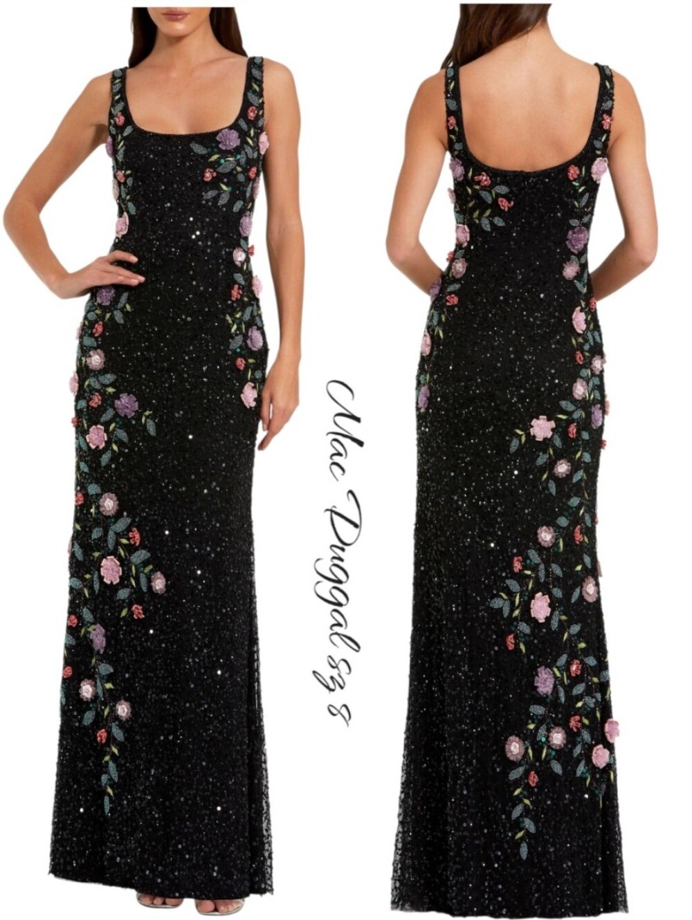 Mac Duggal Floral Beaded Mesh Scoop Neck Gown Black 8